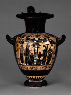 Black-figured water-jar (hydria) with a scene at a fountain-house, Greek, about 520–500 B.C.E., 50.8 cm high, © The Trustees of the British Museum