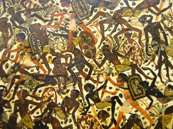 Chaotic fighting scene on a painted box from the tomb of Tutankhamen (New Kingdom). (Egyptian Museum, Cairo; photo: Dr. Amy Calvert)