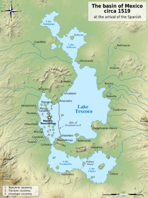 Map of Lake Texcoco, with Tenochtitlan (at left) Valley of Mexico, c. 1519 (created by Yavidaxiu, CC BY-SA 3.0)