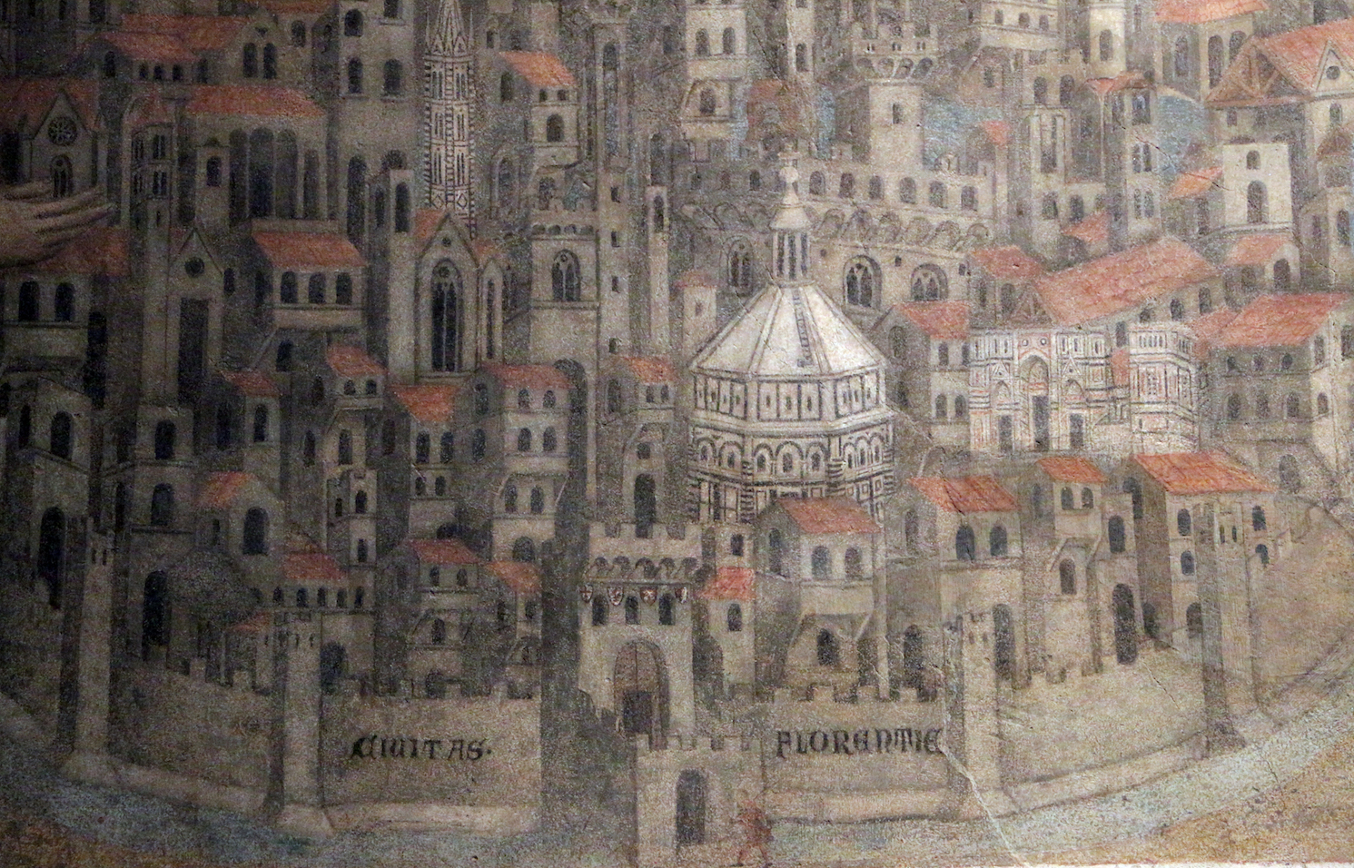 View of Florence (detail), Unknown Artist, Madonna della Misericordia, 1342 (Museo del Bigallo, Florence; photo: Sailko, CC BY 3.0)