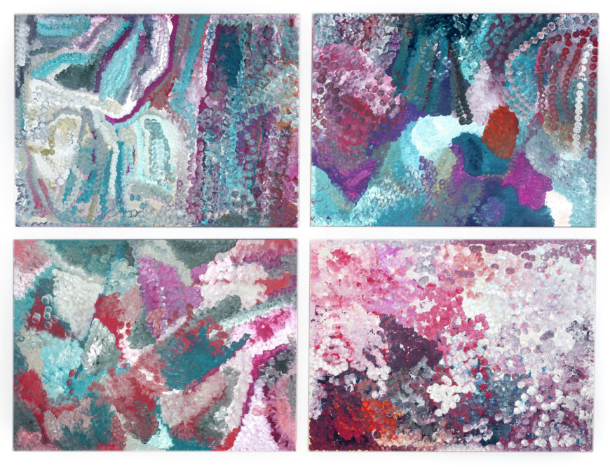 Four panels from Emily Kame Kngwarreye, The Alhalkere Suite, 1993, synthetic polymer paint on canvas, each panel 90 x 120 cm (National Gallery of Australia) © Emily Kame Kngwarreye