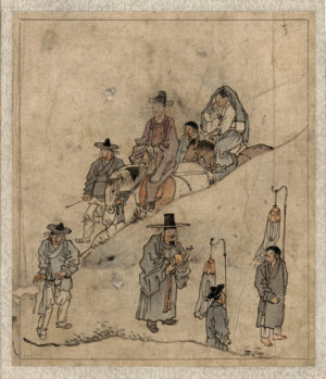 “Bridegroom’s trip to the bride” from Kim Hongdo, album of genre paintings, 18th century, Joseon Dynasty, 39.7 × 26.7 cm, Treasure 527 (National Museum of Korea)