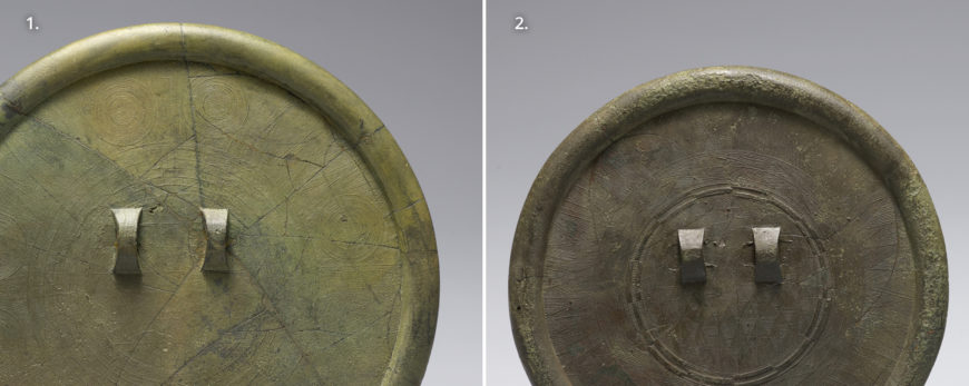 Detail of two bronze mirrors, Early Iron Age, diameter of mirrors from left to right: 18 cm, 14.6 cm, Daegok-ri, Hwasoon, South Jeolla Province, National Treasure 143 (The National Museum of Korea)