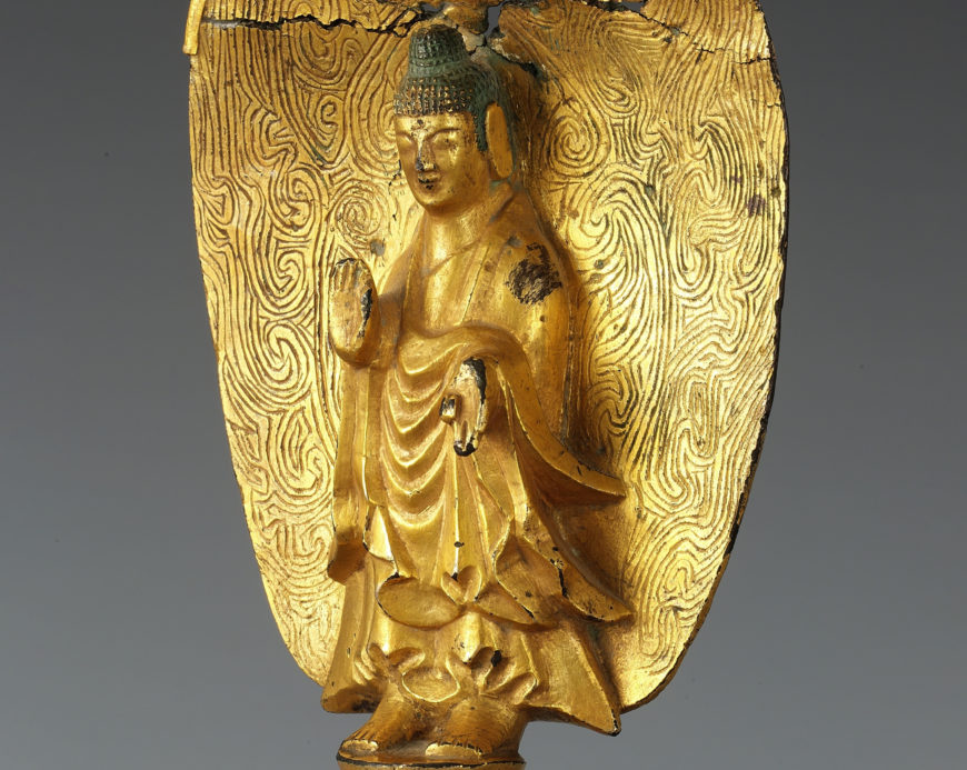 Detail, gilt-bronze Buddha with inscription: "seventh year of yeonga," 539 (Goguryeo Kingdom), 16.2 cm high, National Treasure 119 (National Museum of Korea)
