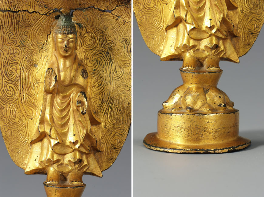 Details, gilt-bronze Buddha with inscription: "seventh year of yeonga," 539 (Goguryeo Kingdom), 16.2 cm high, National Treasure 119 (National Museum of Korea)