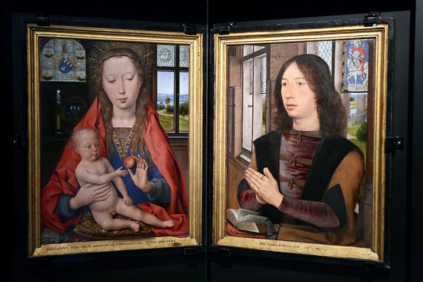 Hans Memling, Diptych of Maarten van Nieuwenhove, 1487, oil on panel, 33.5 by 44.7 centimetres (13.2 in × 17.6 in) (each panel); 41.5 by 52.5 centimetres (16.3 in × 20.7 in) (each panel including the frame), Old St. John's Hospital, Bruges