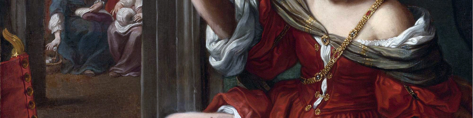Elisabetta Sirani, Portia Wounding her Thigh, 1664. Oil on canvas, 101 cm x 138 cm. Collezioni d'Arte e di Storia della Fondazione della Cassa di Risparmio, Bologna.