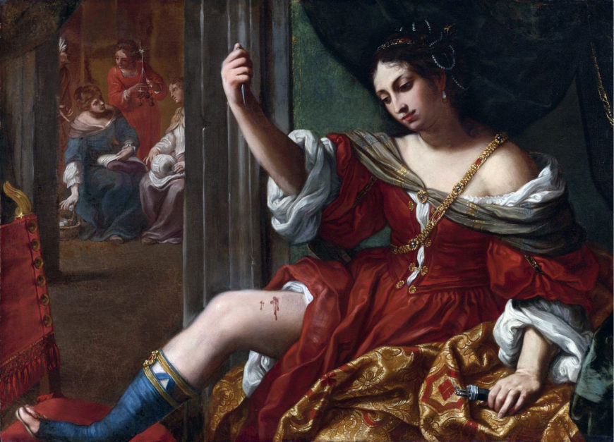 Elisabetta Sirani, Portia Wounding her Thigh, 1664. Oil on canvas, 101 cm x 138 cm. Collezioni d'Arte e di Storia della Fondazione della Cassa di Risparmio, Bologna.