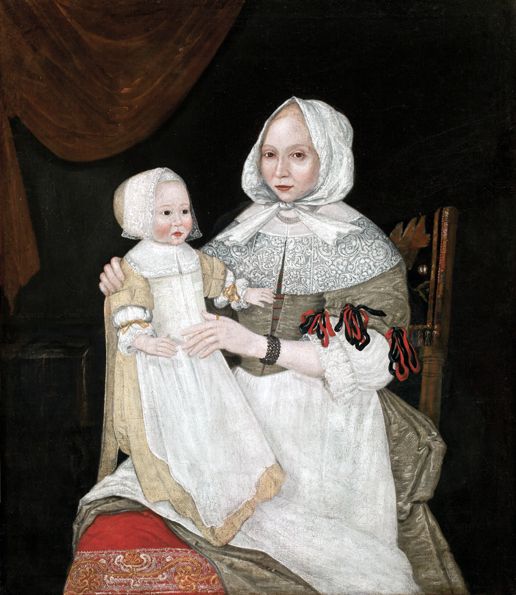 Freake painter, Elizabeth Clarke Freake (Mrs. John Freake) and Baby Mary, c. 1671 and 1674, oil on canvas, 42 1/2 x 36 3/4" / 108 x 93.3 cm (Worcester Art Museum)