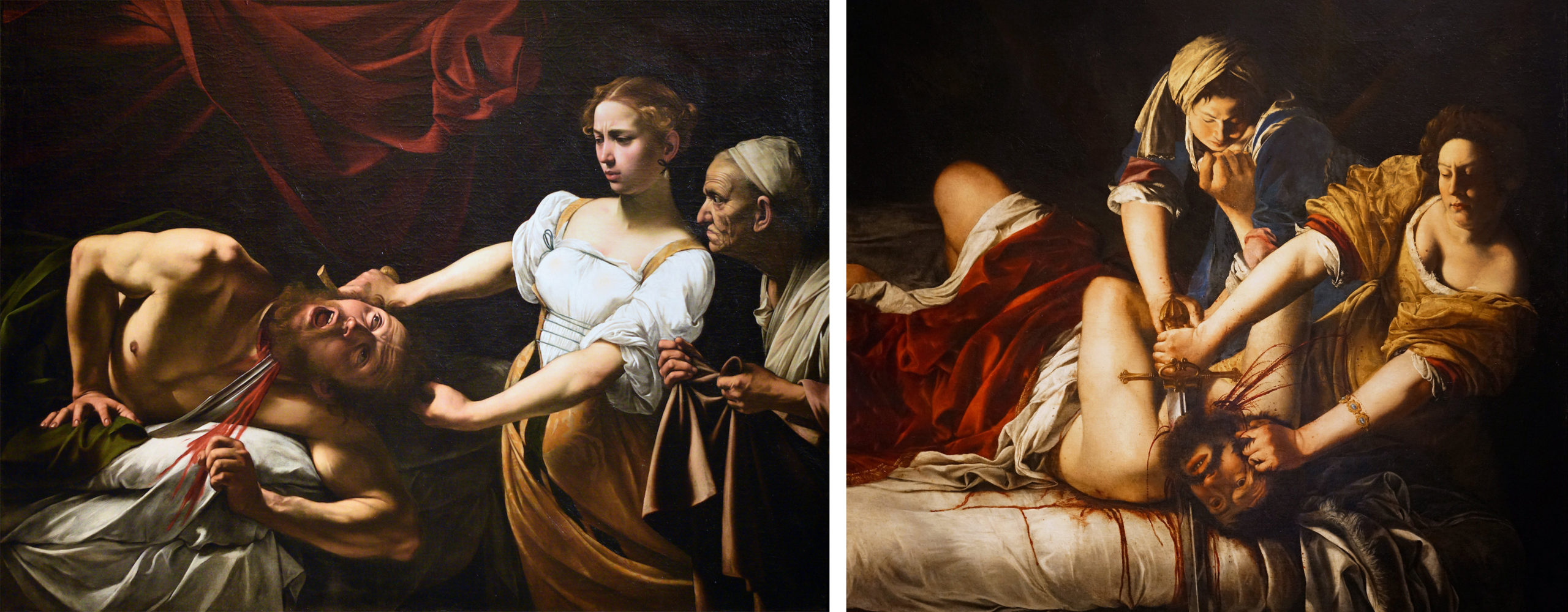 Left: Caravaggio, Judith Beheading Holofernes, 1598–99, oil on canvas, 145 x 195 cm (Palazzo Barberini, Rome; photo: Architas, CC BY-SA 4.0); right: Judith, Abra, and Holofernes (detail), Artemisia Gentileschi, Judith Slaying Holofernes, 1620–21, oil on canvas, 162.5 x 199 cm (Uffizi Gallery, Florence; photo: Steven Zucker, CC BY-NC-SA 2.0)