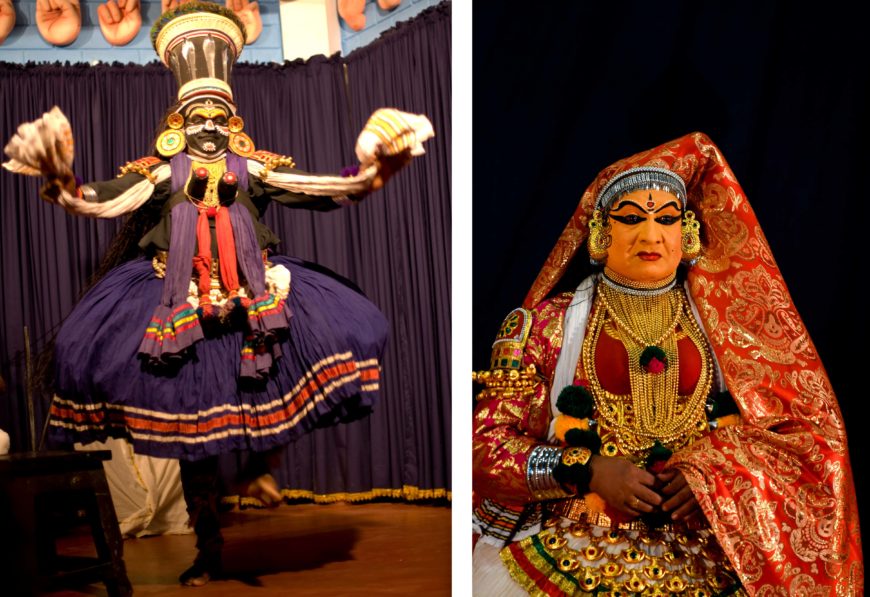 Left: Kathali dancer as a demoness (photo: Charles Haynes, CC BY-SA 2.); right: Kathakali dancer at Thiruvananthapuram (photo: Shagil Kannur, CC BY-SA 3.0)