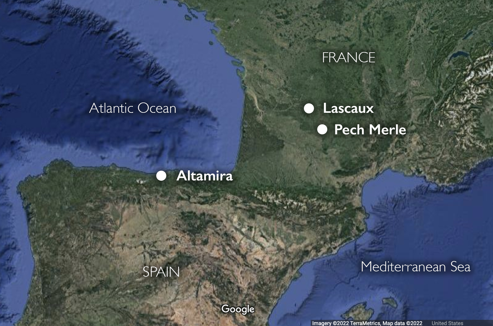 Map showing the location of three well-known prehistoric cave painting sites in France and Spain © Google