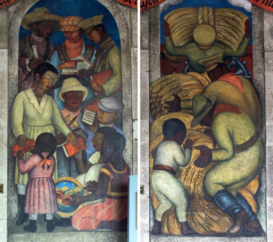 Diego Rivera, Literacy (left) and The Eras (right), "Corrido of the Agrarian Revolution," Court of the Fiestas, third floor, mural in the Secretaría de Educación Pública, Mexico City (photos: Megan Flattley, CC BY-NC-SA 2.0)