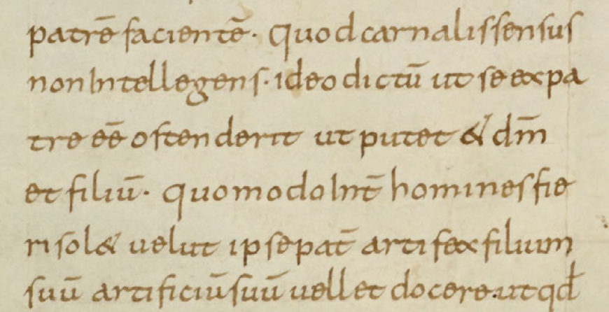 Carolingian script (detail), Liberatus of Carthage, MS 75 B 24, folio 4 recto, 10th century (Royal Library, The Hague)