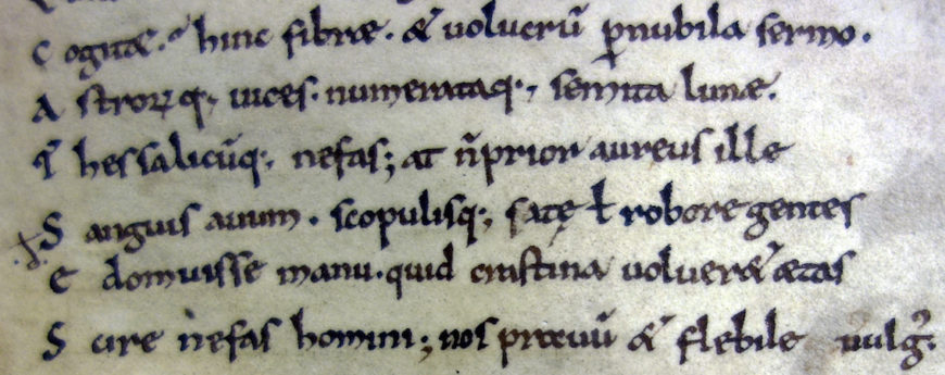 A transitional script, where some letters retain the form of the Caroline Minuscule, and some begin to show features of Gothic script. Statius, Thebais, MS 128 A 38, c. 1100 (Royal Library, The Hague)