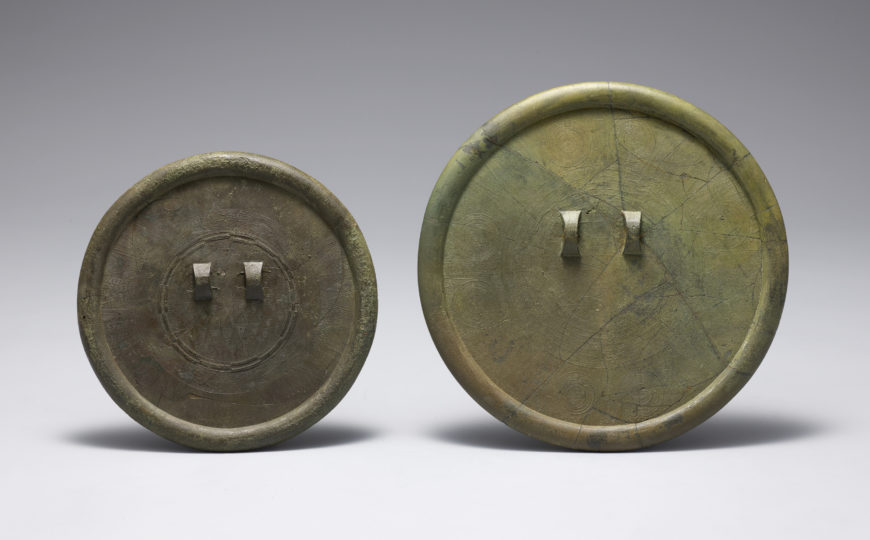 Two bronze mirrors, Early Iron Age, diameter of mirrors from left to right: 14.6 cm, 18 cm, Daegok-ri, Hwasoon, South Jeolla Province, National Treasure 143 (The National Museum of Korea)