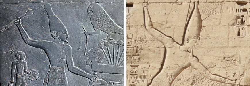 Left: Palette of Narmer, c. 3000–2920 B.C.E. (photo: Nicolas Perrault III); right: Ramses III smiting at Medinet Habu, 1160 B.C.E. (photo: Terry Feuerborn, CC BY-NC 2.0)