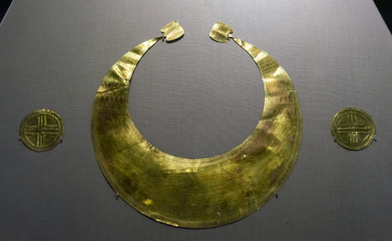 Golden lunula and two gold discs (Coggalbeg hoard)