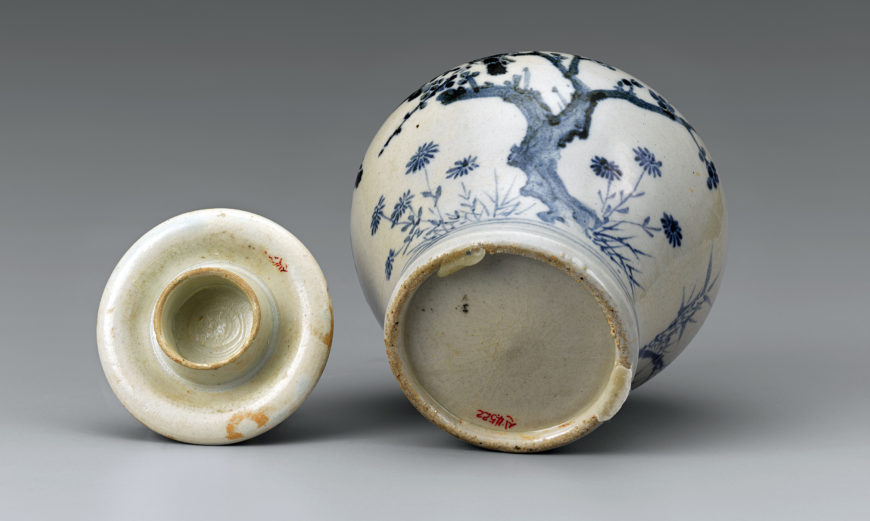 Blue-and-white Porcelain Jar with Plum, Bamboo, and Bird Design, 15 or 16th century, Joseon, 16.5 cm high, National Treasure 170 (National Museum of Korea)