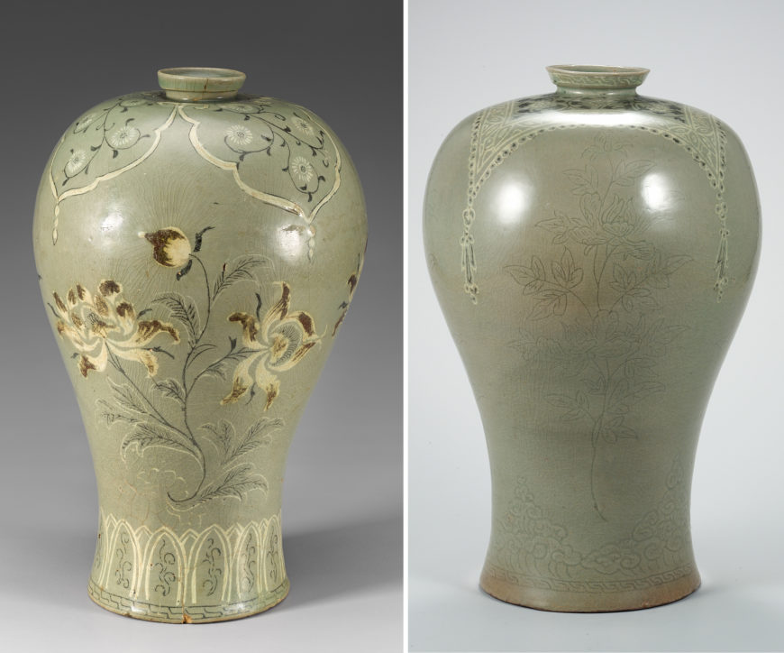 Left: celadon maebyeong with inlaid peony design and copper-red underglaze, 12th–13th century, 34.5 x 5.8 x 13.2 cm, Treasure 346 (The National Museum of Korea); right: celadon lidded prunus vase with incised peony and inlaid wrapping cloth design, 35.4 x 7 x 15.2 cm, Treasure 342 (The National Museum of Korea)