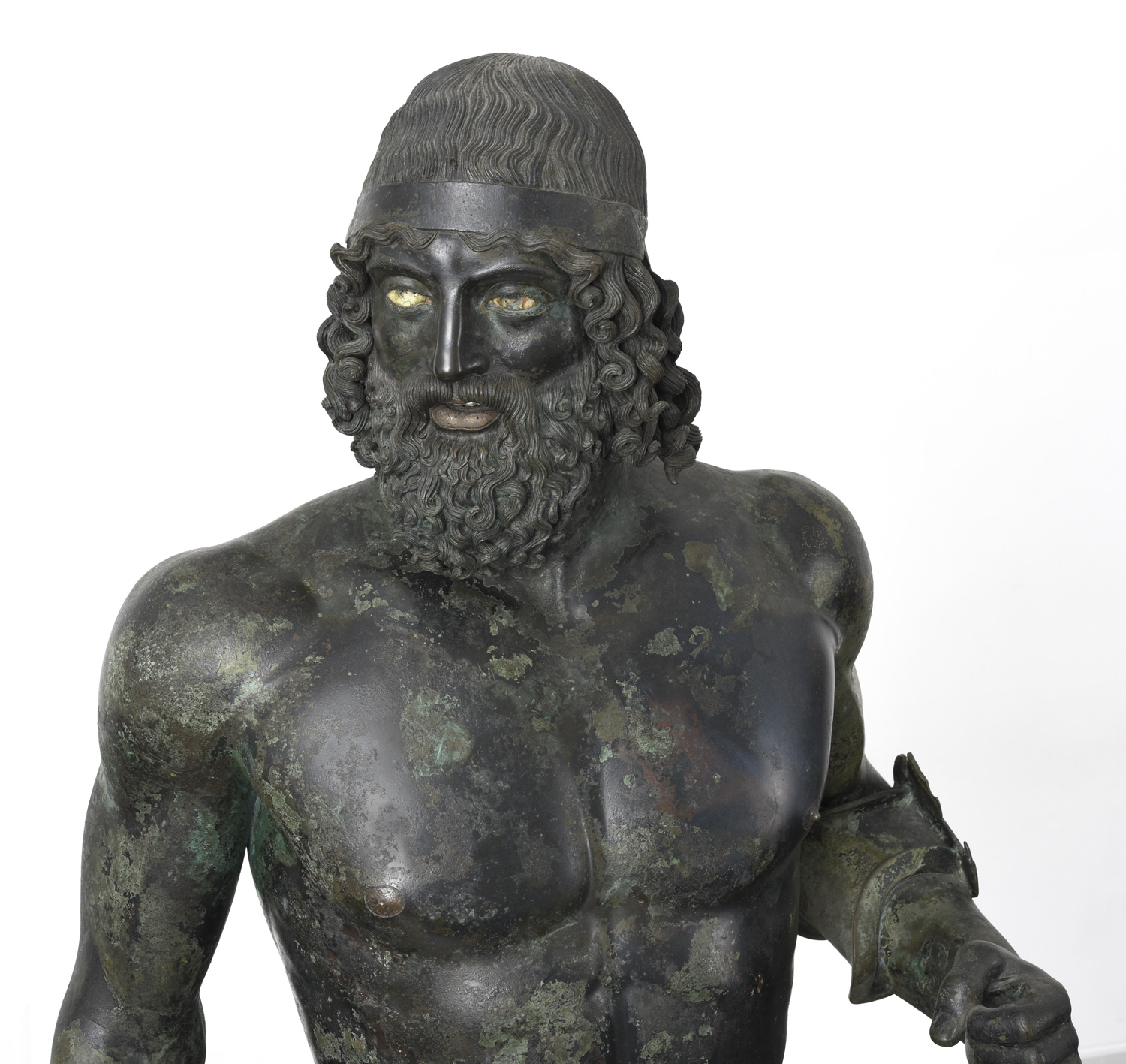 Head and torso (detail), Statue A, from the sea off Riace, Italy, c. 460–50 B.C.E. (?), bronze, 198 cm high (Museo Archeologico Nazionale Reggio Calabria) 