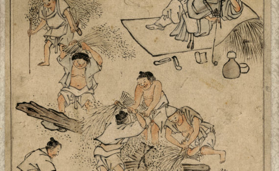 Kim Hongdo used lifelike facial expressions and gestures to tell vivid stories with his paintings. “Rice threshing” from Kim Hongdo, album of genre paintings, 18th century, Joseon Dynasty, 39.7 × 26.7 cm, Treasure 527 (National Museum of Korea)