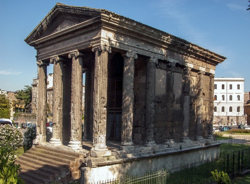 Temple of Portunus (formerly known as, Fortuna Virilis), c. 120–80 B.C.E., structure is travertine and tufa, stuccoed to look like Greek marble, Rome (photo: Steven Zucker, CC BY-NC-SA 2.0)