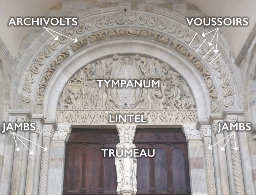 The parts of a Romanesque portal, Last Judgment, Tympanum, Central Portal on West facade of the Cathedral of St. Lazare, Autun (France), c. 1130–46 (photo: Steven Zucker, CC BY-NC-SA 2.0)