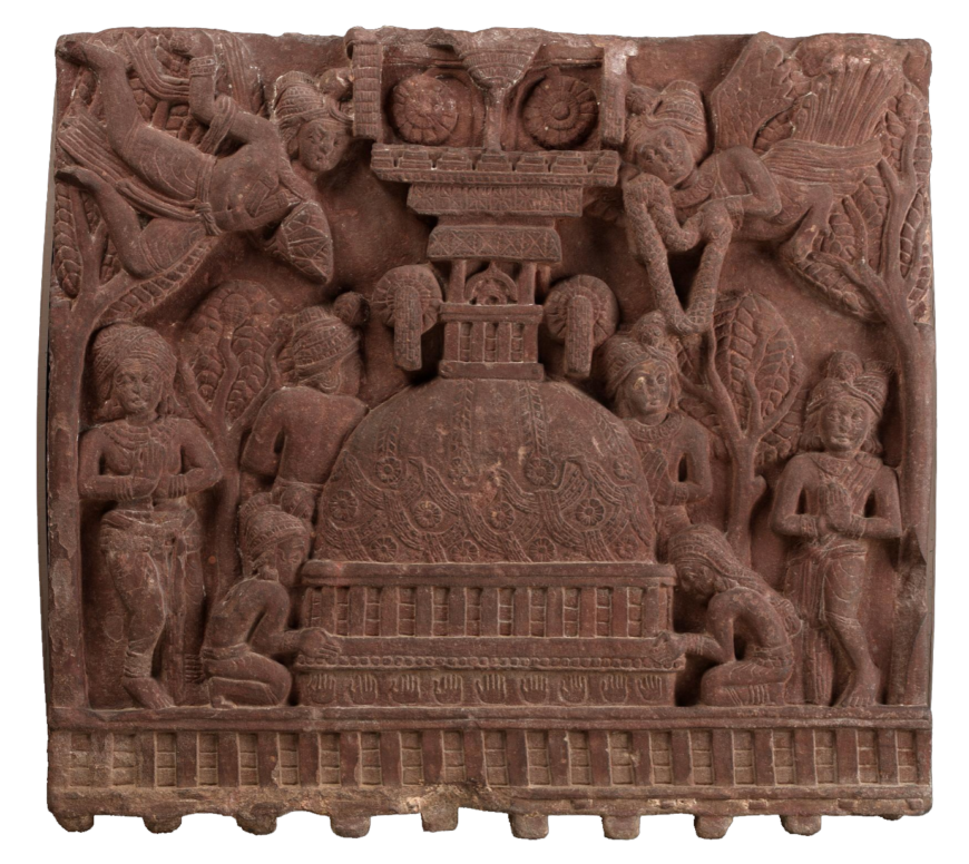 Sculptural fragment depicting a stupa and devotees, from Bharhut Stupa, Madhya Pradesh, India, Sunga period, c. 100–80 B.C.E., sandstone (Smithsonian, Freer Gallery of Art)