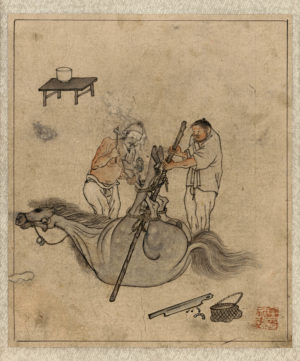 “Shoeing a horse” from Kim Hongdo (檀園風俗圖帖, b. 1745), album of genre paintings, 18th century, Joseon Dynasty, 39.7 × 26.7 cm, Treasure 527 (National Museum of Korea)
