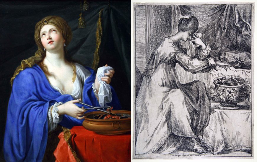 Left: Guido Reni, Suicide of Porcia, c. 1625–26, oil on canvas (Durazzo-Pallavicini Collection, Genoa); right: Jacques Bellange, The Suicide of Portia, 1612–16, etching with stippling and engraving, 24.4 × 18.8 cm (The Metropolitan Museum of Art)