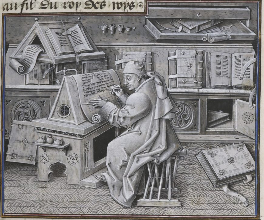 Jean le Tavernier, Portrait of Jean Miélot in his workshop, after 1456, Miracles de Notre Dame, MS fr. 9198 (Bibliothèque nationale de France, Paris)