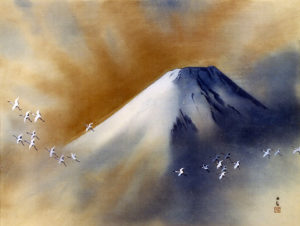 Yokoyama Taikan, Snowy Peak with Cranes 日本語:富士飛鶴, 1958 (Yokoyama Taikan Memorial Museum, Tokyo)