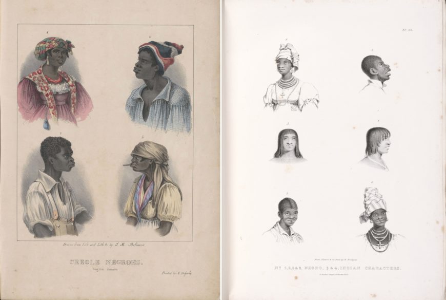 Left: Isaac Mendes Belisario, "Creole Negroes" from Sketches of Character, In Illustration of the Habits, Occupations, and Costume of the Negro Population in the Island of Jamaica, 1837–38, hand-painted lithographic print (Yale Center for British Art); right: Richard Bridgens, West India scenery: with illustrations of Negro character, the process of making sugar, &c. from sketches taken during a voyage to, and residence of seven years in, the island of Trinidad (London: Robert Jennings & Co., 1836) (Beinecke Rare Book and Manuscript Library)