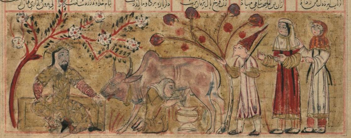 Detail, Hasan ibn Muhammad ibn 'Ali al-Husayni (scribe) and Inju Shiraz (artist), "Bahram Gur in a Peasant’s House," Shahnama (Book of Kings), 1341, ink and pigments on light beige paper, 36.5 x 30.5 cm, Injuid Dynasty, Iran (Walters Art Museum)
