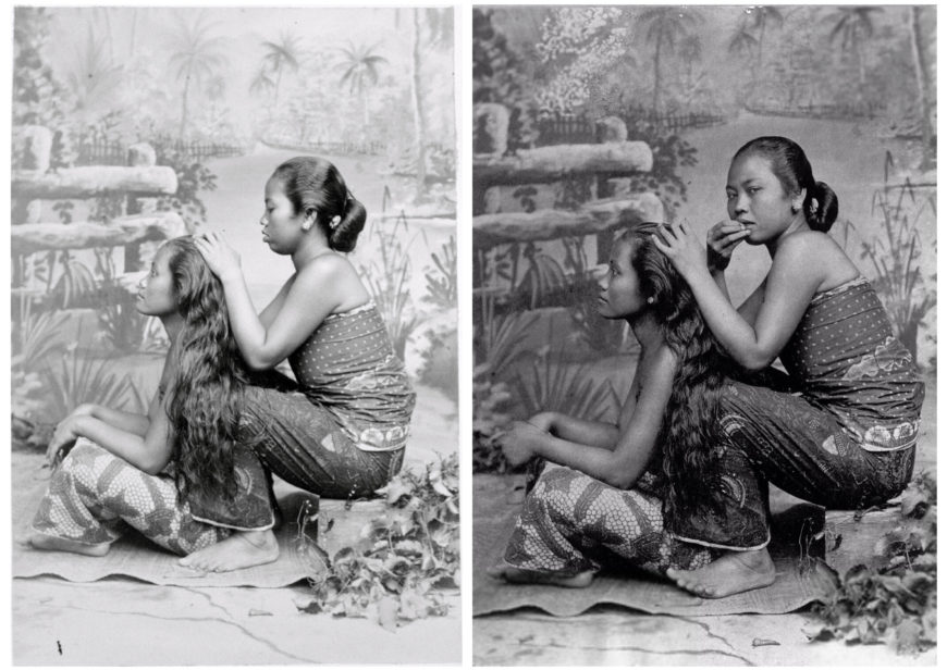 Studio Portrait of two women taking care of, or delousing, the hair of each other, ca. 1870-1892, unpainted paper, 5.5 x 3.75 in. each. Courtesy of Tropenmuseum Amsterdam. 