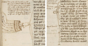 Left: Unusual manicule with five spread fingers, Cicero, Paradoxa stoicorum, 14th century, Berkeley, Bancroft Library, BANC MS UCB 85, fol. 5v; right: Marginal bracket in the shape of an octopus (with five legs), Cicero, Paradoxa stoicorum, 14th century, Berkeley, Bancroft Library, BANC MS UCB 85, fol. 1v