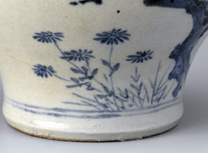 Blue-and-white Porcelain Jar with Plum, Bamboo, and Bird Design, 15 or 16th century, Joseon, 16.5 cm high, National Treasure 170 (National Museum of Korea)