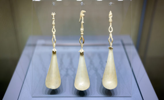 Three Spoons (Edo or Owe culture, Benin, Bini-Portuguese style), ivory, 16th century, 25, 24.8, and 25.7 cm long (Museo di Anthropologia e Etnologia, Florence), in the collection of Cosimo I de' Medici, Grand Duke of Tuscany by 1555