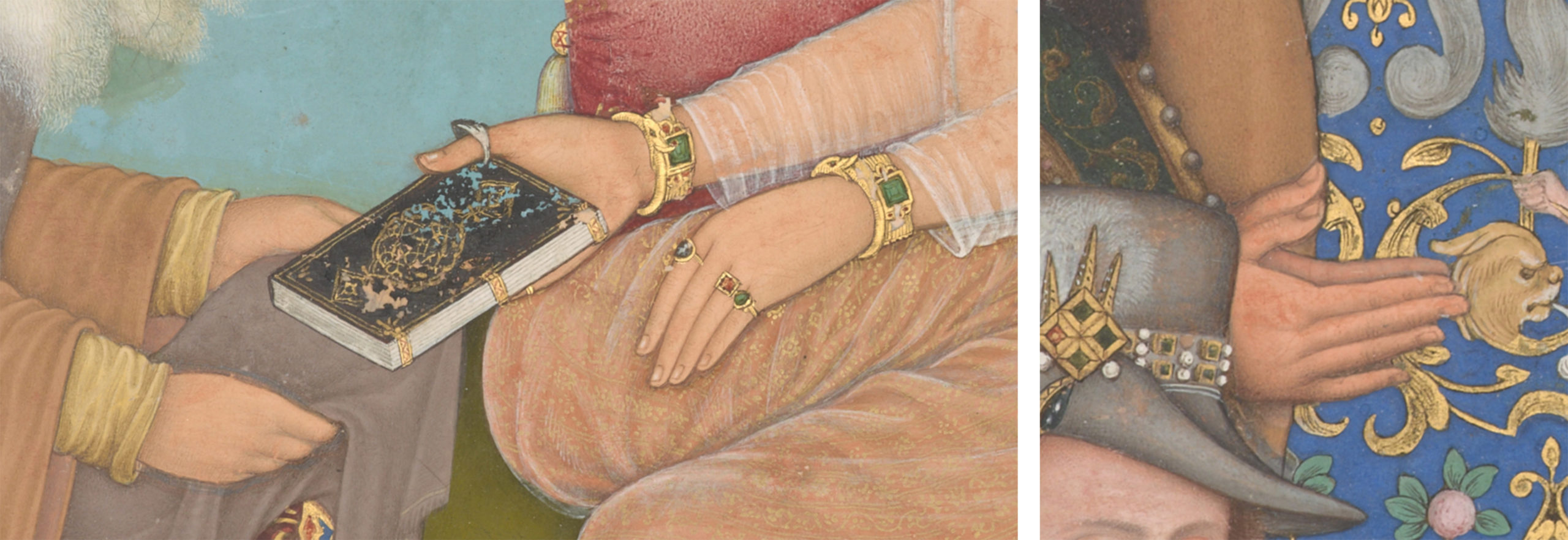 Left: Shaikh's bare hands and the bejeweled hands of Jahangir (detail); right: Ottoman sultan’s clasped hands (detail), Bichitr, margins by Muhammad Sadiq, Jahangir Preferring a Sufi Shaikh to Kings from the "St. Petersburg Album," 1615–18, opaque watercolor, gold and ink on paper, 46.9 × 30.7 cm (Freer|Sackler: The Smithsonian's Museums of Asian Art, Washington DC)