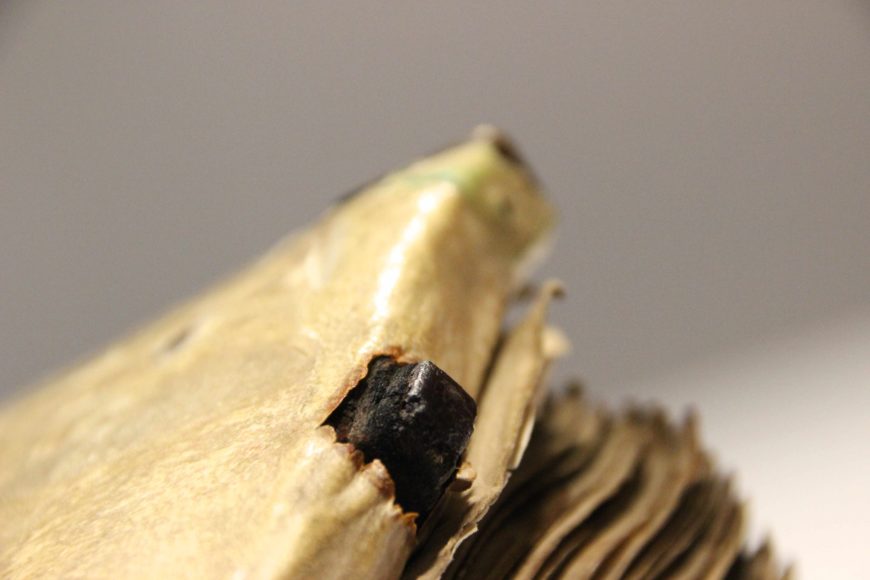 The feet that are attached to bindings are often shiny. It shows just how much the book was used—and how much damage was prevented by the attached feet. BPL MS 67, 9th century (University Library, Leiden; photo: Erik Kwakkel)