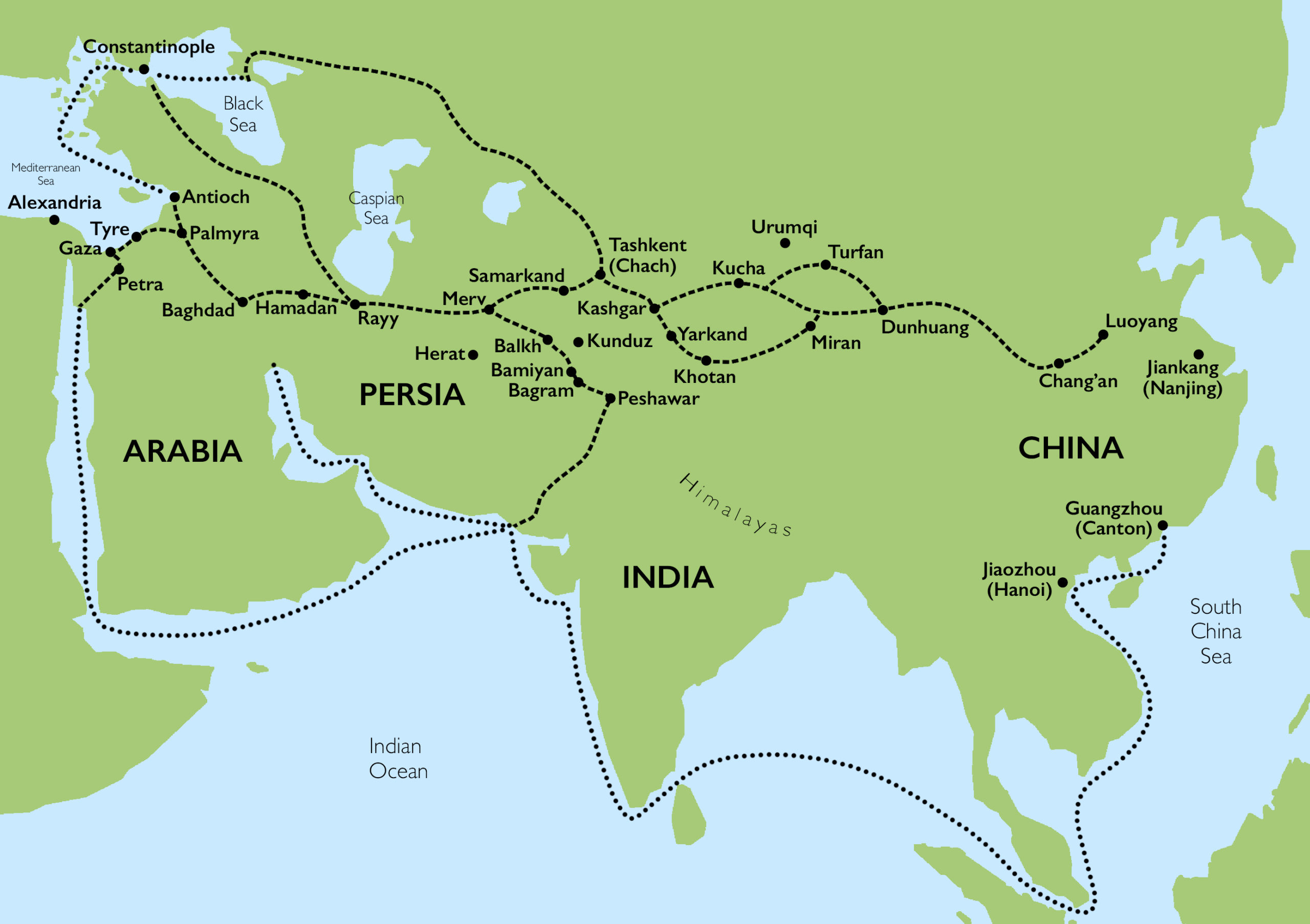 Map showing the trade routes that made up the Silk Roads (map by Evan Freeman, CC BY-NC-SA 2.0, adapted from Françoise Demange, Glass, Gilding, and Grand Design: Art of Sasanian Iran (224–642) (New York: Asia Society, 2007)