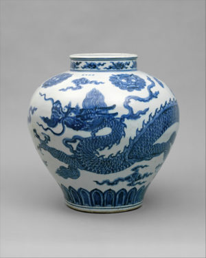 Jar with Dragon, early 15th century, Ming dynasty, porcelain painted with cobalt blue under transparent glaze (Jingdezhen ware), 48.3 cm high, 48.3 cm in diameter (The Metropolitan Museum of Art) China