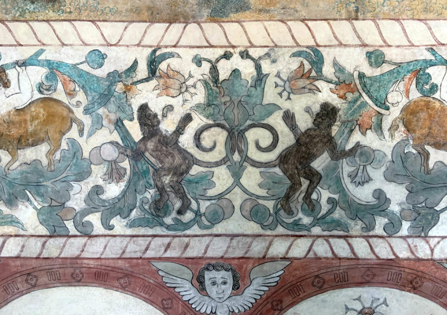 Paired monkeys, murals of the Casa del Dean, Hall of the Sibyls, 16th century, Puebla, Mexico (photo: Juan Luis Burke)