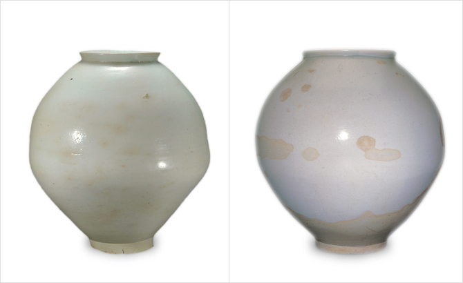 Left: White Porcelain Moon Jar, Joseon (18th century), Height: 49.0 cm, National Treasure 262, Uhak Foundation of Culture; right: White Porcelain Moon Jar, Joseon (18th century), Height: 44cm, National Treasure 309, Leeum, Samsung Museum of Art.