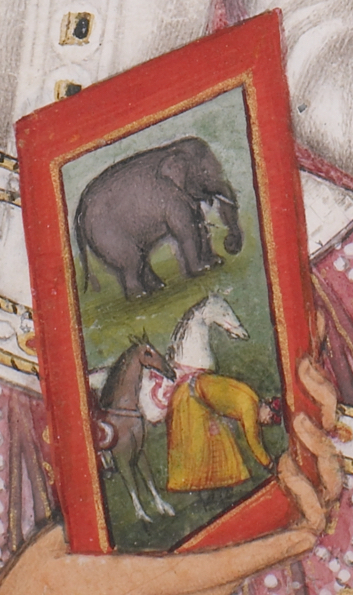 Bichitr’s miniature painting (detail), Bichitr, margins by Muhammad Sadiq, Jahangir Preferring a Sufi Shaikh to Kings from the "St. Petersburg Album," 1615–18, opaque watercolor, gold and ink on paper, 46.9 × 30.7 cm (Freer|Sackler: The Smithsonian's Museums of Asian Art, Washington DC)