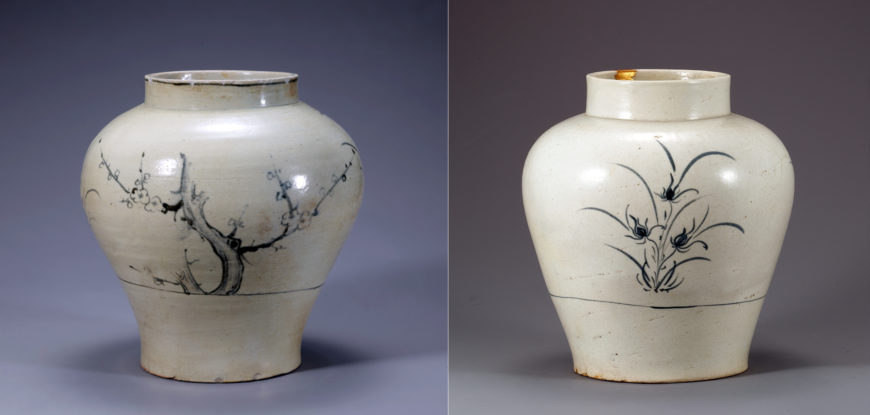 Left: Jar with Plum, Orchid, Chrysanthemum and Bamboo Design, 18th century, Joseon, white porcelain with underglaze cobalt, 24.2 x 12.7 cm (National Museum f Korea) right: Blue-and-white Porcelain Jar with Orchid Design, 18th century, Joseon, white porcelain with underglaze cobalt, 26.2 x 12.7 cm (National Museum of Korea)