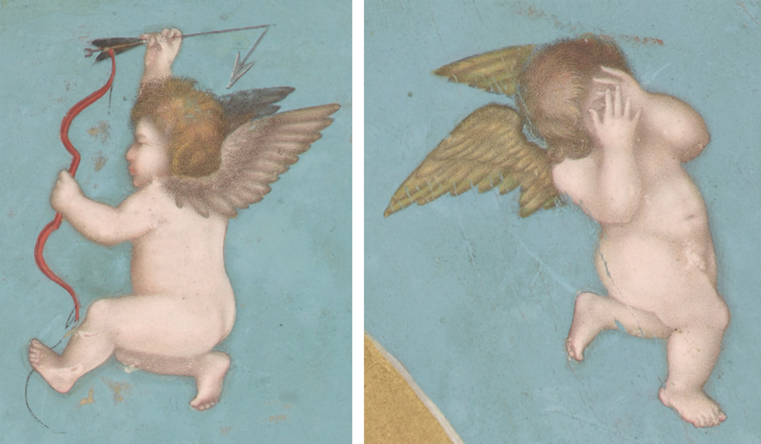 Left: putto with broken arrow (detail); right: putto covering eyes (detail), Bichitr, margins by Muhammad Sadiq, Jahangir Preferring a Sufi Shaikh to Kings from the "St. Petersburg Album," 1615–18, opaque watercolor, gold and ink on paper, 46.9 × 30.7 cm (Freer|Sackler: The Smithsonian's Museums of Asian Art, Washington DC)