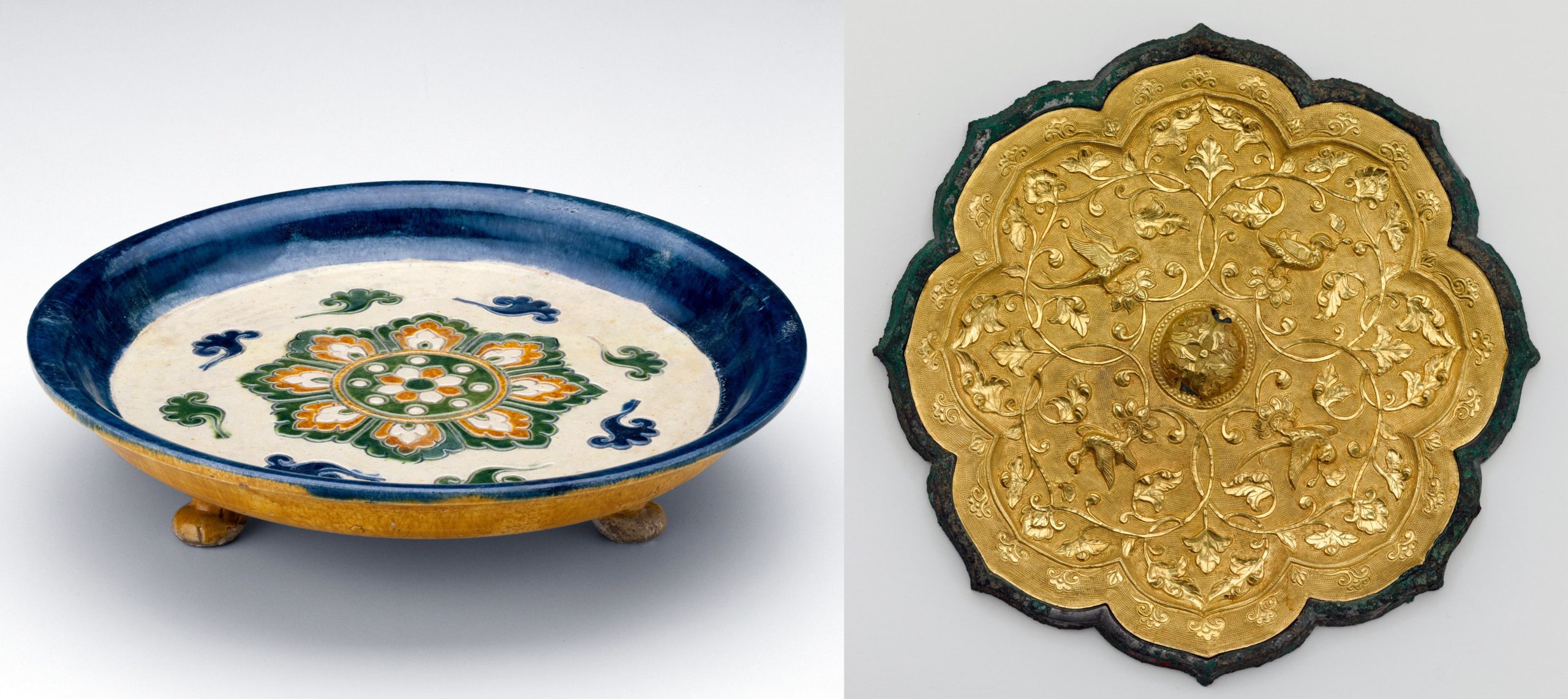 Left: Footed Dish with Lotus Medallion and Cloud Scrolls, first half of 8th century, Tang dynasty, earthenware with impressed decoration and three-color (sancai) lead glazes, China, 6.3 cm high, 29.5 cm in diameter (Art Institute of Chicago); right: Foliated mirror with birds and floral scrolls, late 7th-early 8th century, Tang dynasty, cast bronze and applied gold plaque with repoussé, chased, and ring-punched decoration, China, 22.1 cm in diameter (Freer Gallery of Art)