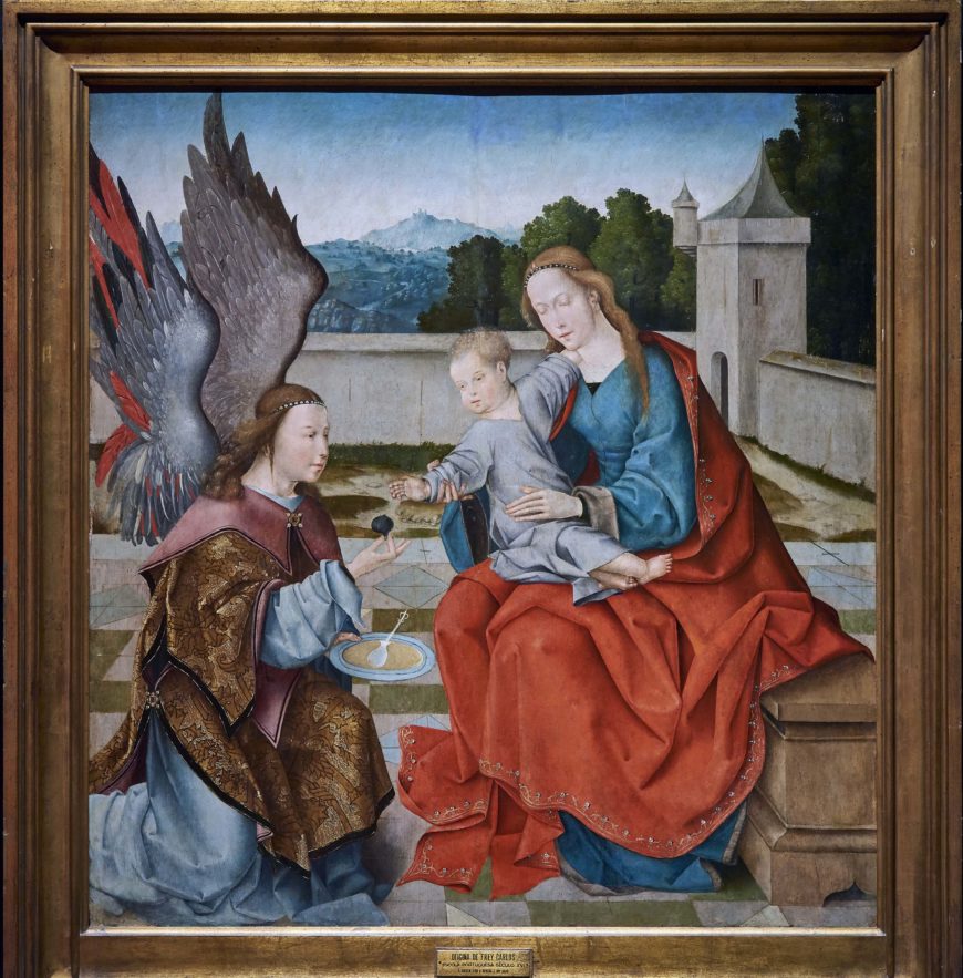 Follower or workshop of Frei Carlos, Virgin and Child with Angel, oil on panel, 102x98 cm (Lisbon, Museu Nacional de Arte Antiga; photo: Paolo Alessandrino)